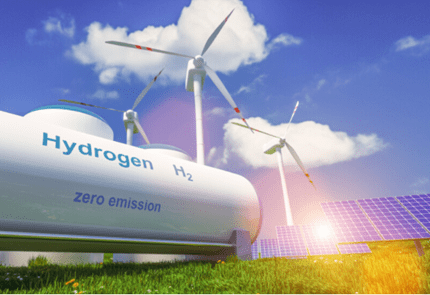 3d rendering hydrogen fuel storage, wind storage, and solar panels in a field 