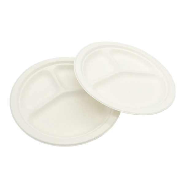 Sugarcane Plates / 9″ Round Plate 3-Compartment / Disposable Plates