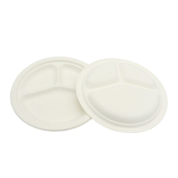 Disposable Plates / Sugarcane Plates 10″ Round Plate 3-Compartment